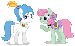 Size: 8200x5117 | Tagged: safe, artist:dragonchaser123, majesty (g4), strawberry lime, earth pony, pony, unicorn, absurd resolution, blank flank, bow, choker, clothes, duo, ear piercing, earring, female, flower, flower in hair, hair bow, jewelry, mare, necklace, piercing, saddle, simple background, skirt, tack, transparent background, vector