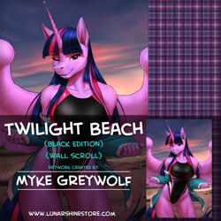 Size: 876x876 | Tagged: safe, artist:mykegreywolf, twilight sparkle, twilight sparkle (alicorn), alicorn, anthro, advertisement, clothes, female, high-cut clothing, one-piece swimsuit, paywall content, solo, swimsuit, wall scroll