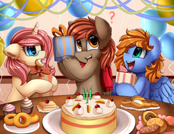 Size: 3300x2550 | Tagged: safe, artist:pridark, oc, oc only, oc:quick trip, oc:rose pendant, oc:winterlight, earth pony, pegasus, pony, unicorn, balloon, commission, cupcake, dessert, food, mouth hold, open mouth, pastry, plate, present, question mark