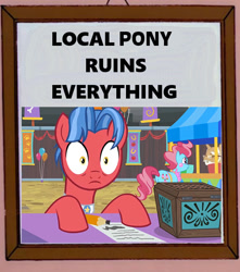 Size: 600x679 | Tagged: safe, edit, edited screencap, editor:secrettitan, screencap, biscuit, cup cake, pony, growing up is hard to do, balloon, banner, box, chest, culinary art (character), hat, local mare ruins everything, meme, mr. food, paper, pencil, surprised, table, the simpsons, top hat