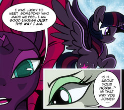 Size: 1464x1300 | Tagged: safe, artist:dsana, edit, fizzlepop berrytwist, tempest shadow, twilight sparkle, twilight sparkle (alicorn), oc, oc:thistledown, alicorn, earth pony, pony, unicorn, comic:a storm's lullaby, broken horn, comic, cropped, female, horn, mare