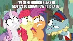 Size: 888x499 | Tagged: safe, edit, edited screencap, screencap, apple bloom, scootaloo, sweetie belle, earth pony, pegasus, pony, unicorn, growing up is hard to do, caption, cutie mark crusaders, female, i need an adult, loose tracks, male, mare, meme, older, older apple bloom, older scootaloo, older sweetie belle, out of context, scared, stallion, text, text only, this will not end well