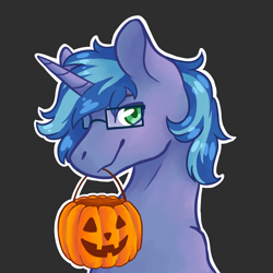 Size: 1650x1650 | Tagged: safe, artist:flaming-trash-can, oc, pony, unicorn, pumpkin, pumpkin bucket, simple background, solo, ych result