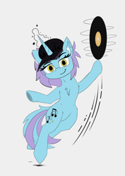 Size: 614x868 | Tagged: safe, artist:calena, artist:xgalacticxstudios18x, derpibooru exclusive, oc, oc only, oc:jazzy notes, pony, unicorn, collaboration, cap, colored, dancing, disc jockey, exhibitionism, flat colors, happy, hat, looking at you, magic, simple background, solo, underhoof