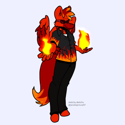 Size: 5043x5042 | Tagged: safe, alternate version, artist:sketchy sketchu, oc, oc only, oc:burning inferno, anthro, pegasus, plantigrade anthro, fire, guy fieri, male, pegasus oc, pyromancer, pyromancy, simple background, solo, white background