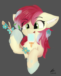 Size: 4000x5000 | Tagged: safe, artist:lunar froxy, roseluck, earth pony, pony, student counsel, cheek fluff, chest fluff, cute, cuteluck, ear fluff, eye clipping through hair, female, flower, fluffy, glue, mare, mouth hold, scene interpretation, silly, silly pony, simple background, smiling, solo, stick