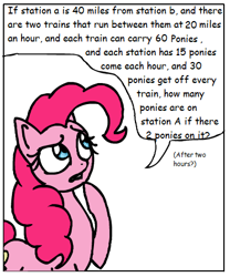 Size: 382x460 | Tagged: safe, artist:gingerfoxy, derpibooru import, edit, pinkie pie, earth pony, pony, pony comic generator, math, math problem, train