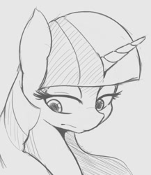 Size: 554x639 | Tagged: safe, artist:tre, twilight sparkle, alicorn, pony, bust, female, grayscale, lidded eyes, mare, monochrome, portrait, solo