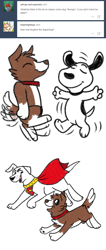 Size: 600x1417 | Tagged: safe, artist:askwinonadog, winona, dog, ask, ask winona, bipedal, cape, clothes, crossover, dancing, krypto the superdog, misspelling, simple background, snoopy, tumblr, white background