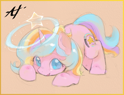 Size: 2475x1914 | Tagged: safe, artist:alts-art, oc, oc only, oc:oofy colorful, pony, unicorn, cute, face down ass up, female, horn, magic, mare, multicolored hair, multicolored tail, orange background, signature, simple background, sketch, solo, stars