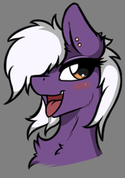 Size: 519x737 | Tagged: safe, artist:arjinmoon, oc, oc only, oc:nighty cloud, pegasus, pony, blushing, bust, chest fluff, ear piercing, female, gray background, piercing, simple background, solo, tongue out