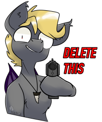 Size: 2910x3486 | Tagged: safe, artist:difis, oc, oc:night striker, pony, gun, handgun, meme, pistol, weapon