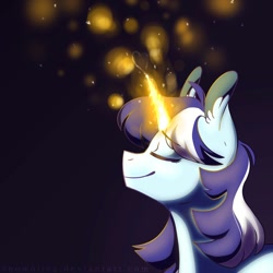 Size: 894x894 | Tagged: safe, artist:snowolive, oc, oc only, pony, unicorn, bust, ear fluff, eyes closed, female, glowing horn, gradient background, heart, horn, mare, smiling, solo