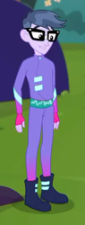 Size: 224x591 | Tagged: safe, screencap, microchips, better together, choose your own ending, equestria girls, the road less scheduled, the road less scheduled: microchips, boots, clothes, cropped, fingerless gloves, gloves, male, mc dex fx, shoes, smiling, solo