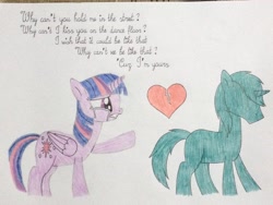 Size: 3264x2448 | Tagged: safe, artist:don2602, twilight sparkle, twilight sparkle (alicorn), oc, oc:anon, alicorn, earth pony, pony, crying, duo, heartbreak, little mix, raised hoof, secret love song, song reference, traditional art