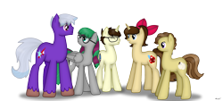 Size: 2000x900 | Tagged: safe, artist:99999999000, oc, oc:cwe, oc:firearm king, oc:li anna, oc:mar baolin, oc:zhang cathy, earth pony, pegasus, pony, unicorn, female, glasses, male, simple background, smiling