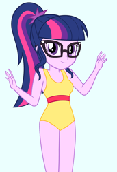 Size: 1372x2004 | Tagged: safe, artist:draymanor57, derpibooru exclusive, sci-twi, twilight sparkle, equestria girls, clothes, female, glasses, one-piece swimsuit, ponytail, simple background, solo, swimsuit