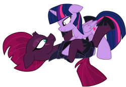 Size: 12775x8803 | Tagged: safe, artist:ejlightning007arts, tempest shadow, twilight sparkle, twilight sparkle (alicorn), alicorn, pony, armor, broken horn, eye scar, female, horn, lesbian, looking at each other, lying down, pinned, scar, shipping, simple background, tempestlight, transparent background, vector