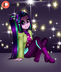 Size: 1100x1300 | Tagged: safe, artist:nekojackun, aria blaze, better together, equestria girls, find the magic, alternate clothes, ariabetes, clothes, cute, female, jacket, looking at you, patreon, patreon logo, pigtails, polka dots, sitting, smiling, solo, twintails