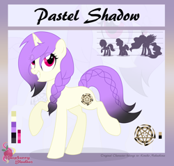 Size: 2622x2509 | Tagged: safe, artist:raspberrystudios, oc, oc only, oc:pastel shadow, pony, unicorn, braid, commission, cutie mark, height difference, reference sheet