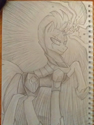 Size: 3099x4132 | Tagged: safe, artist:mmeloman, tempest shadow, pony, armor, glowing horn, horn, monochrome, pencil drawing, raised hoof, sketch, sketchbook, solo, traditional art