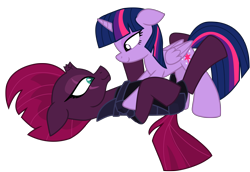 Size: 12775x8803 | Tagged: safe, alternate version, artist:ejlightning007arts, tempest shadow, twilight sparkle, twilight sparkle (alicorn), alicorn, pony, armor, broken horn, eye scar, female, horn, lesbian, looking at each other, lying down, pinned, scar, shipping, simple background, tempestlight, transparent background, vector