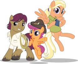 Size: 5501x4541 | Tagged: safe, artist:jhayarr23, mane allgood, scootaloo, snap shutter, pegasus, pony, the last crusade, beige shirt, biologists, cute, cutealoo, family, female, filly, hat, looking at you, male, mare, olive green shirt, scootaloo's parents, simple background, slouch hat, smiling, spread wings, stallion, transparent background, vector, wings