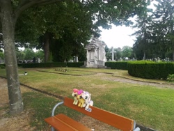 Size: 3968x2976 | Tagged: safe, photographer:cmc--scootaloo, apple bloom, scootaloo, sweetie belle, earth pony, pegasus, pony, unicorn, architecture, austria, bench, cross, cutie mark crusaders, female, filly, flower, foal, grass, grave, gravestone, graveyard, haunted, monument, photo, photography, plant, plushie, ponies around the world, ponies around the world 2019, pony on earth, pony plush, statue, tomb, tree, vienna, vienna central cemetery