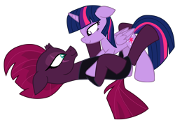 Size: 12775x8803 | Tagged: safe, alternate version, artist:ejlightning007arts, edit, tempest shadow, twilight sparkle, twilight sparkle (alicorn), alicorn, pony, broken horn, clothes, eye scar, female, horn, jumpsuit, lesbian, looking at each other, lying down, pinned, scar, shipping, simple background, tempestlight, transparent background, vector