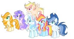 Size: 3056x1632 | Tagged: safe, artist:thesmall-artist, oc, oc only, oc:blue, oc:butterfly, oc:hope, oc:orange sun, oc:sunrise sky, oc:water star, alicorn, earth pony, pegasus, pony, base used, female, male, mare, simple background, stallion, transparent background