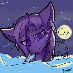 Size: 2100x2100 | Tagged: safe, artist:cinnamonnnnn, oc, oc only, oc:cinna, earth pony, pony, dialogue, ear piercing, looking at you, night, piercing, solo, swimming