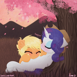 Size: 3000x3000 | Tagged: safe, artist:darkest-lunar-flower, derpibooru import, applejack, rarity, earth pony, pony, unicorn, accessory swap, applejack's hat, blushing, commission, commissioner:raritybro, cowboy hat, cute, ear fluff, female, freckles, grass, hat, lesbian, rarijack, shipping, snuggling, tree