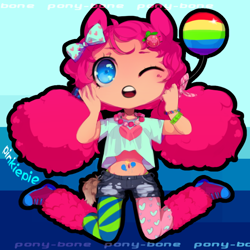 Size: 590x590 | Tagged: safe, artist:ponybone, derpibooru import, pinkie pie, human, belly button, bow, bracelet, clothes, converse, cute, cutie mark on human, diapinkes, eared humanization, female, hair bow, hairclip, heart, humanized, jewelry, necklace, one eye closed, rainbow, shoes, shorts, solo, speech bubble