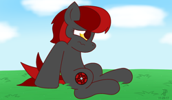 Size: 1280x750 | Tagged: safe, artist:thebadbadger, oc, oc:ruby roulette, earth pony, pony, female, grass, mare, sitting, solo, wavy mouth