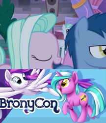 Size: 702x813 | Tagged: safe, screencap, blues, feather flatterfly, noteworthy, tender brush, winter lotus, earth pony, pegasus, pony, unicorn, the summer sun setback, bronycon, bronycon mascots