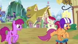 Size: 1920x1080 | Tagged: safe, screencap, berry punch, berryshine, roseluck, scootaloo, pony, growing up is hard to do, older, scooter, twilight's castle