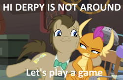 Size: 1091x717 | Tagged: safe, edit, edited screencap, screencap, doctor whooves, smolder, pony, a horse shoe-in, caption