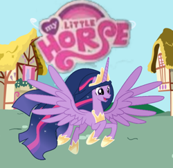 Size: 518x504 | Tagged: safe, artist:digimonlover101, edit, princess twilight 2.0, twilight sparkle, twilight sparkle (alicorn), alicorn, pony, the last problem, 1000 hours in ms paint, absurd resolution, adult, bootleg, cute, ethereal mane, female, joke, logo, logo edit, mare, my little horse, older, older twilight, op is a cuck, op was bored, open mouth, ponyville, simple background, twiabetes