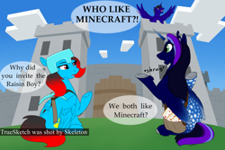 Size: 2592x1728 | Tagged: safe, artist:mythpony, oc, oc only, oc:edwin, oc:luximus, oc:myth, alicorn, pegasus, pony, castle, diamond pickaxe, female, letter, male, mare, minecraft, pickaxe, stallion