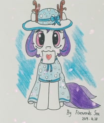 Size: 1446x1717 | Tagged: safe, artist:fireworks sea, derpibooru exclusive, oc, oc only, oc:rain deer, earth pony, pony, clothes, dress, hat, looking at you, mouth hold, solo, traditional art