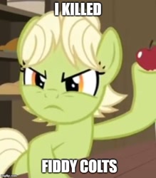 Size: 500x571 | Tagged: safe, edit, edited screencap, screencap, granny smith, the perfect pear, angry, apple, caption, cotton hill, cropped, food, image macro, king of the hill, text, young granny smith, younger