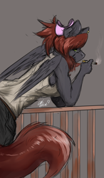 Size: 3500x6000 | Tagged: safe, artist:loki-bagel, oc, oc:bwae, anthro, cigarette, clothes, female, leaning, pants, simple background, smoking, solo, tanktop