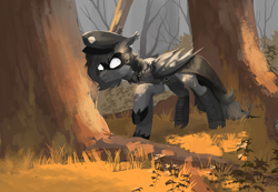 Size: 1736x1200 | Tagged: safe, artist:niehuaisang, oc, oc only, oc:zenaris blackmour, bat pony, pony, bat pony oc, cape, clothes, ear piercing, earring, forest, forest background, hat, jewelry, mask, piercing, thief, tree