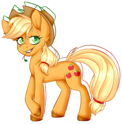 Size: 549x556 | Tagged: safe, artist:teeny16, derpibooru import, applejack, earth pony, pony, colored hooves, colored pupils, cowboy hat, cute, ear fluff, eyebrows visible through hair, female, hat, jackabetes, looking at you, mare, simple background, solo, straw in mouth, teeth, transparent background, unshorn fetlocks