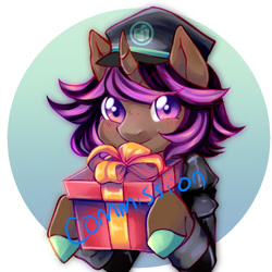 Size: 689x689 | Tagged: safe, artist:yamikonek0, oc, oc only, pony, unicorn, bust, clothes, colored hooves, commission, curved horn, hat, horn, present, solo, watermark