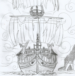Size: 1601x1629 | Tagged: safe, artist:newman134, equestria girls, boat, drawing, ghost ship, monochrome, no characters, sailing ship, ship, traditional art