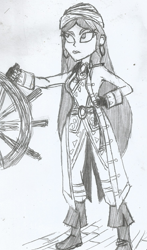 Size: 873x1481 | Tagged: safe, artist:newman134, oc, oc only, human, undead, equestria girls, drawing, monochrome, pirate, solo, steering wheel, traditional art, villainess