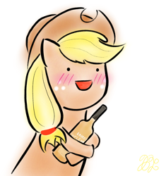 Size: 1080x1151 | Tagged: safe, artist:nomemint, derpibooru import, applejack, earth pony, pony, alcohol, applejack (drink), blushing, cowboy hat, cute, dot eyes, female, hat, jackabetes, mare, namesake, open mouth, simple background, solo, white background