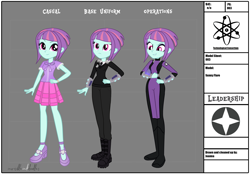 Size: 2710x1881 | Tagged: safe, artist:invisibleink, sunny flare, equestria girls, bodysuit, boots, catsuit, clothes, computer, crystal prep academy, crystal prep shadowbolts, fanfic, fanfic art, reference sheet, serious, serious face, shirt, shoes, show accurate, skirt, spy suit, uniform, watch, wristwatch