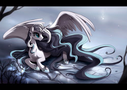 Size: 1268x900 | Tagged: safe, artist:ruhje, oc, oc:midwinter eve, alicorn, pony, alicorn oc, ethereal mane, female, ice, letterboxing, mare, prone, snow, solo, spread wings, starry mane, wings